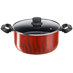 TEFAL Stewpot 26 cm | Tempo Flamme Cookware | 6.5 liters | Aluminium | Safe non stick coating | Lid | Stovetop Compatibility | Stewing recipes | Red | Made in France | 2 Years Warranty | C3045285