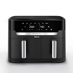 Tefal Dual Easy Fry & Grill, a large-capacity air fryer featuring dual cooking baskets for preparing two different dishes simultaneously. 