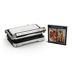 Tefal OptiGrill 2in1 XL intelligent electric grill, presented alongside a display board showcasing various grilled foods like skewers, meats, and vegetables.