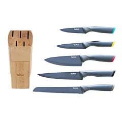 Tefal Fresh Kitchen 5-Piece Knife Set with Wooden Block | Chef 15 cm, Slicing 20 cm, Bread 20 cm, Utility 12 cm & Paring 9 cm | Titanium-Reinforced Non-Stick Blades | K122S504