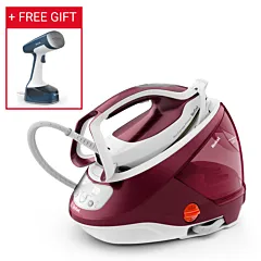 Tefal Pro Express Protect high-pressure steam generator iron in burgundy and white, promoted with a free handheld garment steamer.