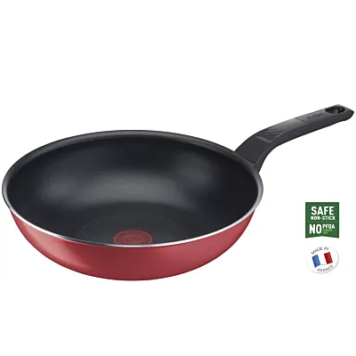 TEFAL مقلاة ووك 28 سم | تنظيف سهل | ألومنيوم | طلاء غير لاصق | مؤشر حرارة Thermo Signal | قاعدة توزيع الحرارة | أواني طهي آمنة وصحية | صنع في فرنسا | أحمر | ضمان لمدة سنتين | B5721953
