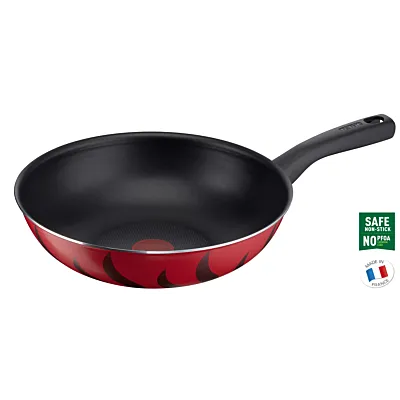 TEFAL مقلاة ووك 28 سم | Tempo Flame | ألومنيوم | 3.6 لتر | طلاء غير لاصق | مؤشر حرارة Thermo Signal | قاعدة توزيع الحرارة | صحي وآمن | صنع في فرنسا | أحمر | ضمان لمدة سنتين | C3041983