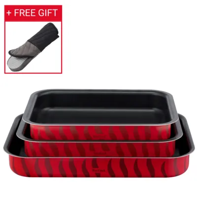 مجموعة لي سبيسيالست 3 قطع من تيفال، صواني فرن 22x29cm و24x31cm و27x37cm، طبقة مقاومة للالتصاق، ألومنيوم، توزيع الحرارة، تنظيف سهل، أحمر بوجاتي، صناعة فرنسية، J5715482