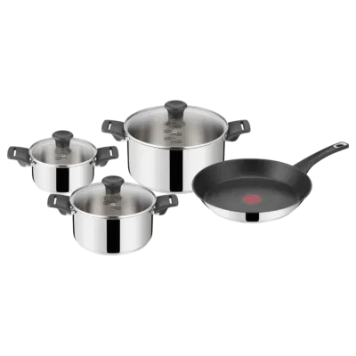 Jamie Oliver by Tefal Everyday Kitchen Stainless Steel 7-Piece Cookware Set | Titanium Non-Stick Coating | Heat Indicator | Induction Compatible | Glass Lid | E321S755