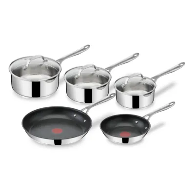 Jamie Oliver by Tefal Cook's Direct Stainless Steel 5-Piece Cookware Set | Frypans 20/28cm & Saucepans 16/18/20cm | Non-Stick Coating | Heat Indicator | Riveted Handle | Induction Compatible | E304S544