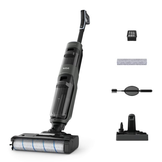 Tefal X-Clean 4 cordless wet & dry vacuum mop and its accompanying accessories. 