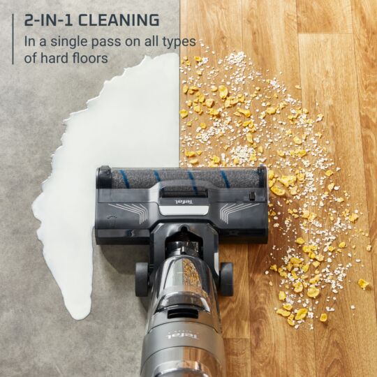 Tefal X-Clean 4 wet and dry cordless vacuum cleaner, which vacuums and washes hard floors in a single pass. 