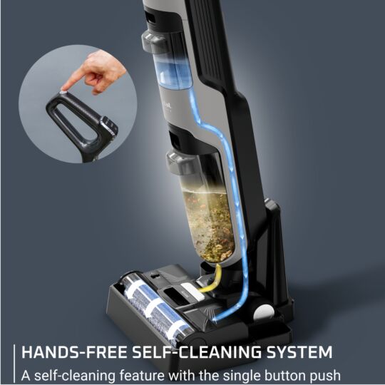Close-up of Tefal X-Clean 4 cordless wet & dry vacuum with LED indicators and up to 50-minute runtime.