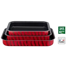 مجموعة لي سبيسيالست 3 قطع من تيفال، صواني فرن 22x29cm و24x31cm و27x37cm، طبقة مقاومة للالتصاق، ألومنيوم، توزيع الحرارة، تنظيف سهل، أحمر بوجاتي، صناعة فرنسية، J5715482