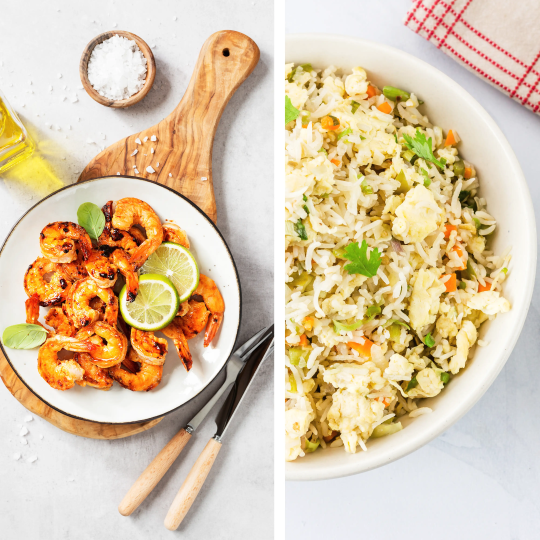 روبيان بالعسل وسريراتشا مع أرز مقلي روبيان بالعسل وسريراتشا مع أرز مقلي